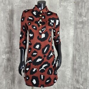 Tracy Negoshian XS Rust Leopard 3/4 Sleeve Jersey Knit Round Hem Dress